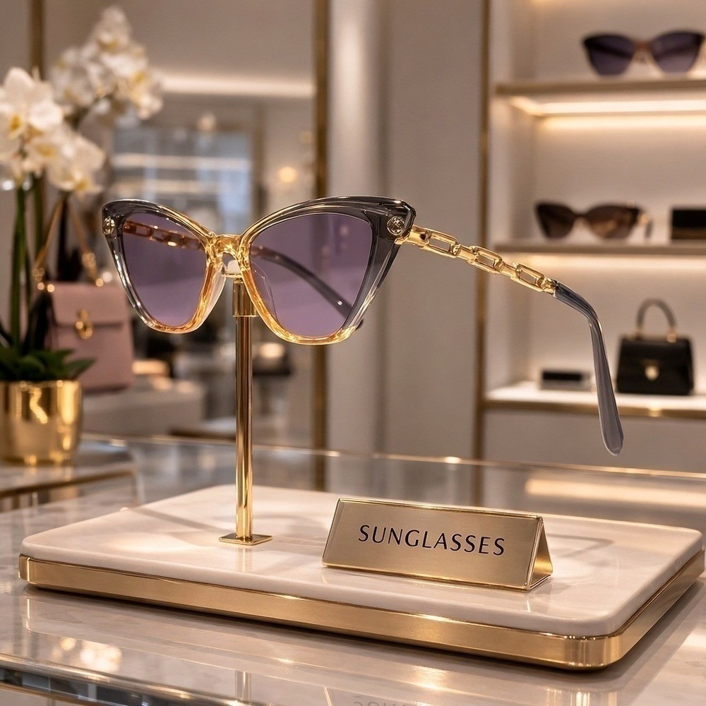 Women Two-Tone Cat Eye Sunglasses Gold Chain Link Temples Purple Gradient Lens